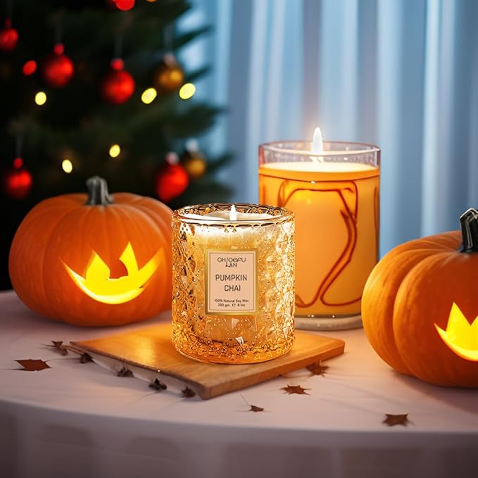 Chloefu LAN Pumpkin Chai Candles Halloween Candle Gift, Farmhouse Candles for Home, Luxury Scented Soy Jar Fall Candle with up to 55 Hour Long Lasting, Home Decor, Barn Fall Decor Pottery, 8.1oz - Bloomnest