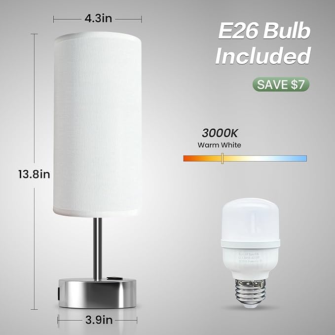 KPQ Small Bedside Lamp Touch Control Table Lamp with USB A+C Charging Ports & AC Outlet 3-Way Dimmable Nightstand Lamp with Linen Fabric Shade for Bedroom Living Room - Bloomnest