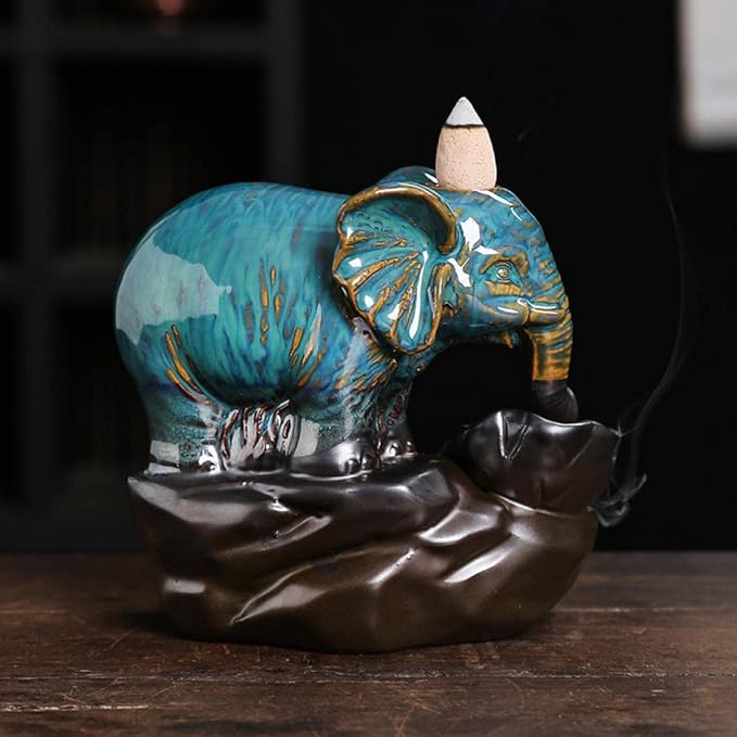 Comeon Backflow Incense Burner Elephant Incense Holder Handmade Ceramic Incense Waterfall Burner Censer + 20 Backflow Incense Cones 30 Incense Sticks 1 Tweezer 1 Mat for Meditaion Home Decor - Bloomnest