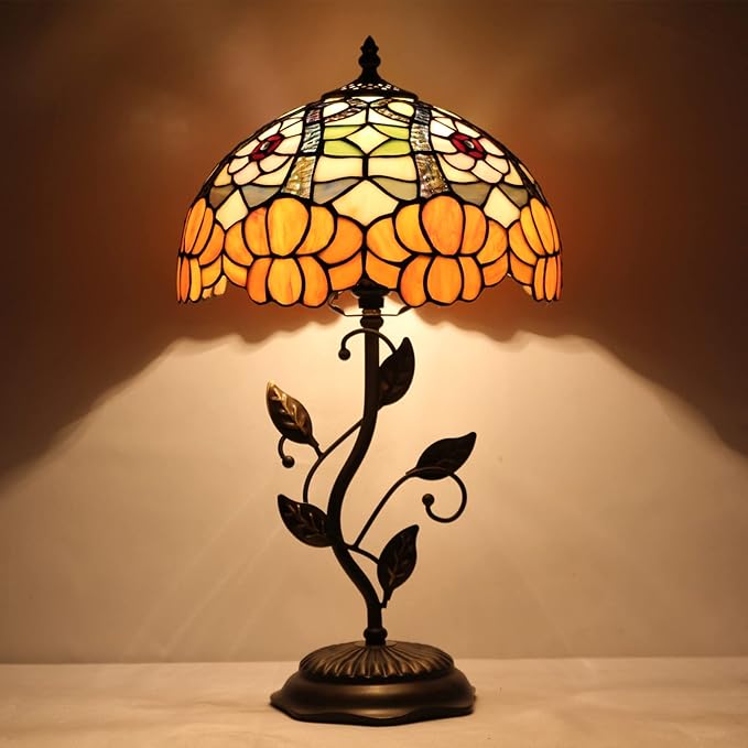 Tiffany Lamp Orange Flower Stained Glass Table Lamp Desk Bedside Reading Light 12X12X19 Inches with Metal Leaf Base Decor Bedroom Living Room - Bloomnest