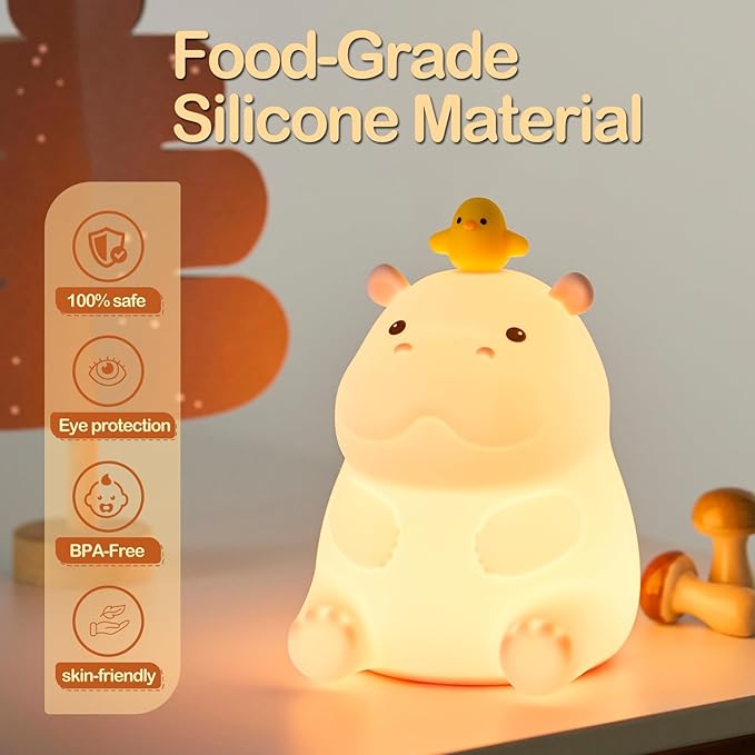ATSUI Hippo Night Light, LED Squishy Novelty Animal Lamp, Food Grade Silicone, 2 Level Dimmable, Nursery Nightlight for Desk Decor, Funny Gifts Stuff for Boys Girls Baby, White Elephant Gifts - Bloomnest