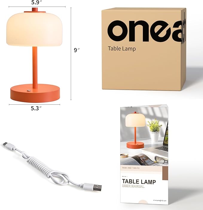 Oneach 9" Cordless Table Lamp, Orange Rechargeable Battery Operated Lamp, 3-Way Stepless Dimming Touch Lamps, Small Glass Bedside Nightstand Light for Bedroom Dining Table Living Room Shelf Decor - Bloomnest