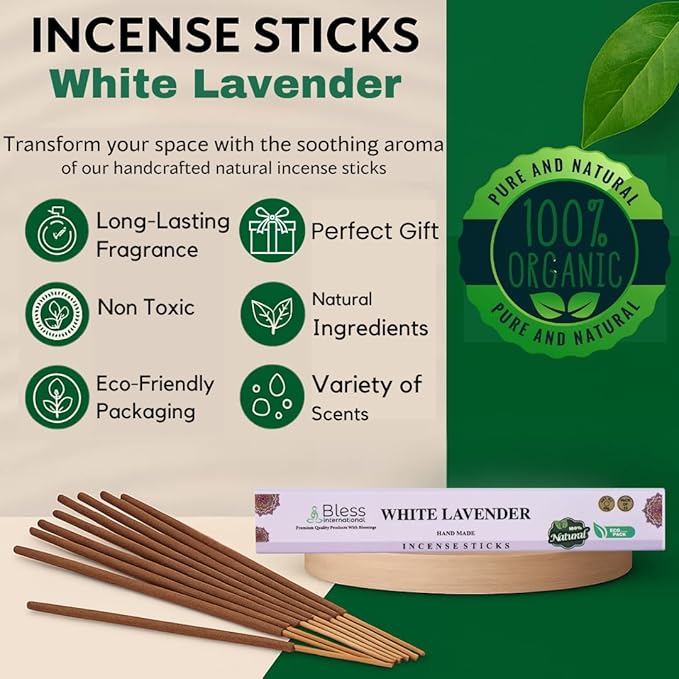 Bless-White-Lavender 100%-Natural-Handmade-Hand-Dipped-Incense Organic-Chemicals-Charcoal-Free Purification-Relaxation-Positivity-Yoga-Meditation Best-Woods-Scent (25 Sticks (1.4 OZ)) BlessInternational