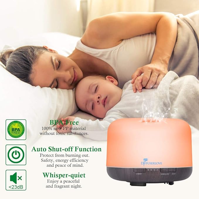 Diffuserlove Essential Oil Diffuser 500ML Aromatherapy Diffuser Mist Humidifiers 7 Color LED Lights Diffusers for Home Office Bedroom (Size:6.7" L x 6.7" W x 4.7" H) - Bloomnest