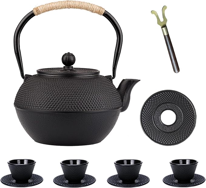 YJX 40.6 fl oz Cast Iron Teapot Set, Japanese Tetsubin Tea Set with Cast Iron Teacups, Small Tea Kettle Set with Strainer for Loose Tea, Enameled Interior (1200ml Tea Set with Cups and Saucers) - Bloomnest