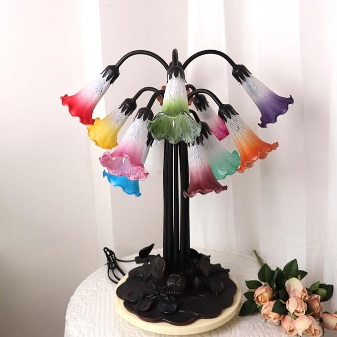 Bieye L10952 Lily Flower Blown Glass Accent Table Lamp for Living Room Bedroom Decoration (Multicolor, 12-Light) - Bloomnest