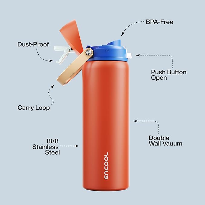 Insulated Water Bottle with Straw - Encool Stainless Steel Water Bottle with Push Button Lid, Leak-Proof & BPA-Free, Keeps Cold for 24 Hours for Sports, Travel, Gym (32 oz, Salmon) ENCOOL