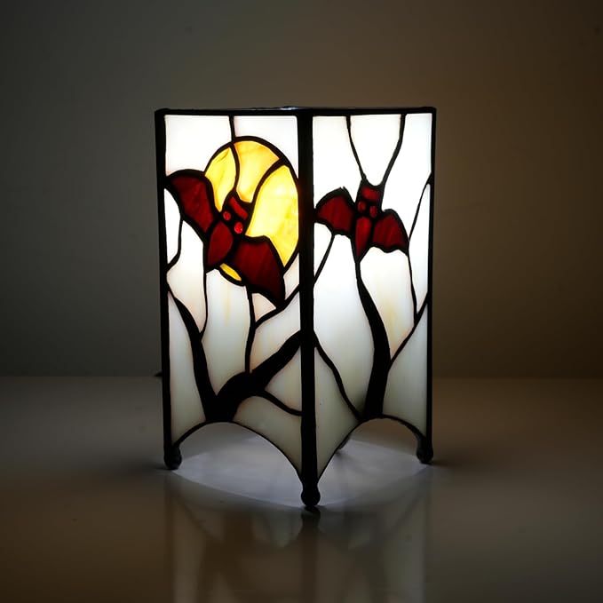 Tiffany Lamp Halloween Red Bat in Moon Small Bedside Lamp Antique Style Stained Glass Desk Light for Home Decor Boys Girls Christmas Halloween Gifts - Bloomnest