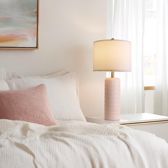 PoKat 27.5" Pink Ceramic Table Lamps for Girls Room Set of 2, Modern Bedroom Lamps, Bedside Lamps for Night Stands Living Room, Cute Lamps Pink Decor, Nightstands Desk Nursery - Bloomnest