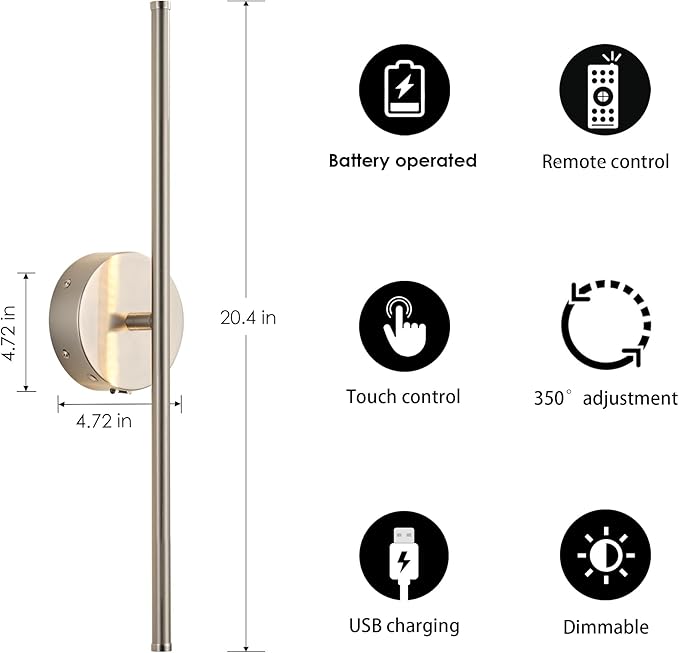 Battery Operated Wall Sconces with Remote Control, Dimmable Wall Sconces Set of Two, 350°Rotate, 3000K LED Nickel Wireless Wall Light for Living Room, Bedroom, Hallway, 20.4 Inch (2 Pack) - Bloomnest
