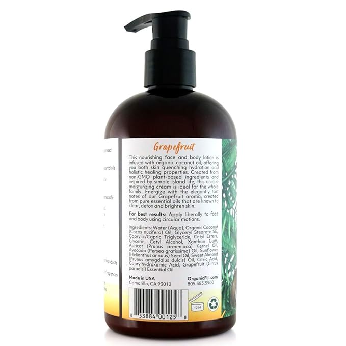 Coco Fiji Face & Body Lotion Infused With Coconut Oil | Lotion for Dry Skin | Moisturizer Face Cream & Massage Lotion for Women & Men | Grapefruit 12 oz, Pack of 1 - Bloomnest