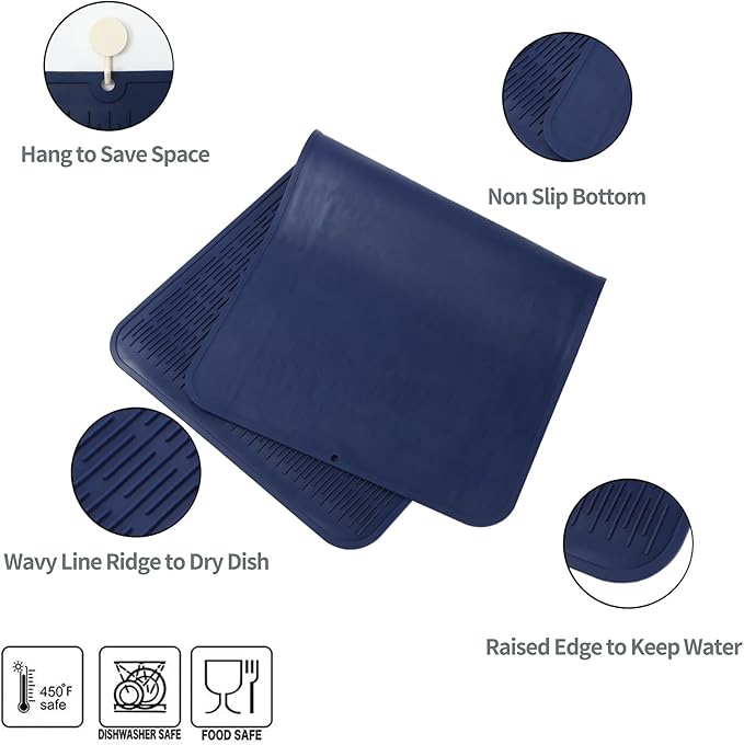 Silicone Dish Drying Mat for Multiple Usage,Easy clean,Eco-friendly,Heat-resistant Silicone Mat for Kitchen Counter or Sink,Refrigerator or Drawer Liner Navy Blue 5XL 36inches x 18inches - Bloomnest