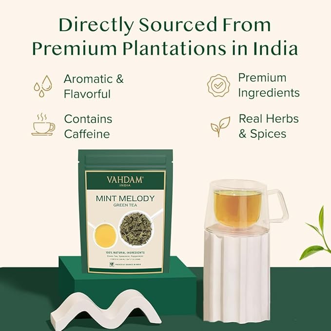 VAHDAM, Mint Green Tea Loose Leaf (50+ Cups, 3.5 oz) Cool Peppermint Tea With Himalayan Green Tea Leaves | Low Caffeine | High Elevation Grown | Vacuum Sealed for Freshness - Bloomnest