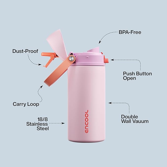 Insulated Water Bottle with Straw - Encool Stainless Steel Water Bottle with Push Button Lid, Leak-Proof & BPA-Free, Keeps Cold for 24 Hours for Sports, Travel, Gym (18 oz, Lily-Red) ENCOOL