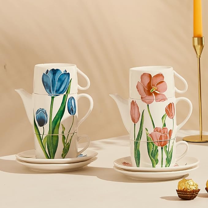 Ceramic Tea Set for Two, 13.6oz Teapot with Infuser, Stacked Kettle Two Cup and Saucer with Handpainted Flower Pattern, Office Home Gift for Women and Adults, Style 4 - Bloomnest