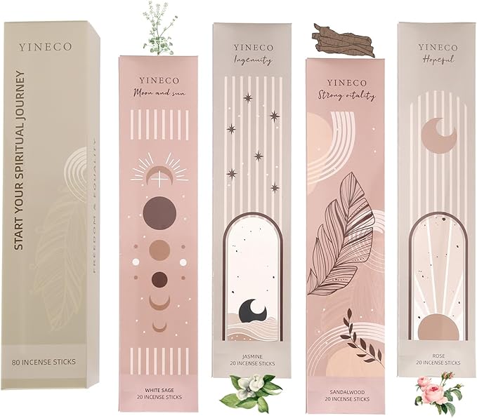 Incense Sticks Set of 80-6 Scents (Palo Santo, Sandalwood, Jasmine, Rose Geranium) Organic & Slow-Burning for Relaxation, Meditation & Positive Vibes (Hopeful) YINECO
