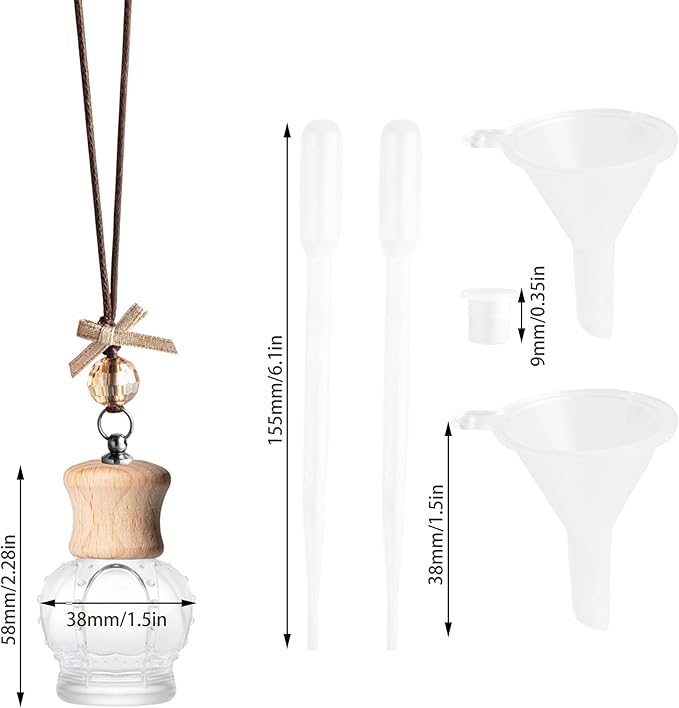 6 Pack Leak-Proof Hanging Car Diffuser - 8ml Refillable Empty Bottles with Wood Caps, 3 Funnels & 2 Droppers - Essential Oil Air Freshener for Car, Home or Office (6, Crown) - Bloomnest