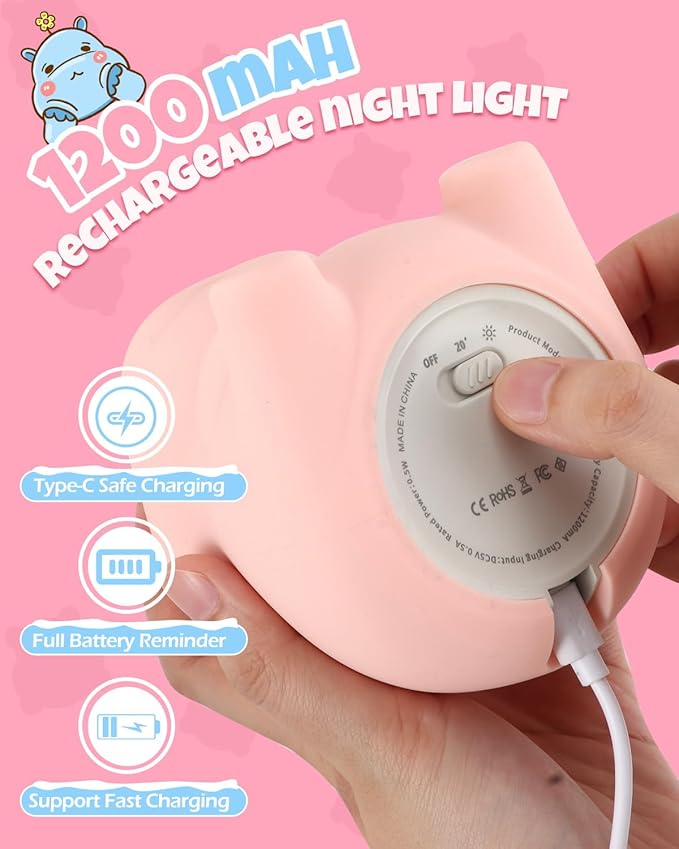 Cute Hippo Night Light, Animal Lamp, Food Grade Silicone, Rechargeable, 2 Level Dimmable, Squishy Nursery Nightlight for Desk Decor, Funny Gifts Stuff for Boys Girls Baby, White Elephant Gifts - Bloomnest
