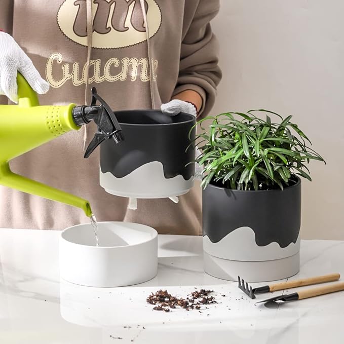 Nihow Self Watering Plant Pot: 6 Inch Ceramic Planter with Drainage Hole & Water Storage Plus for Indoor & Outdoor Plants - Cylinder Round Flower Pot for Succulent/Herbs/Violets - Black & Wave White - Bloomnest