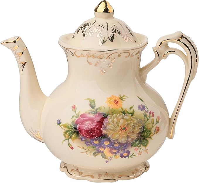 YOLIFE Vintage Teapot, Ivory Ceamic Tea Pot with Infuser, Floral Teapot with Gold Leaves Trim Design - 25oz /3 Cups - Bloomnest