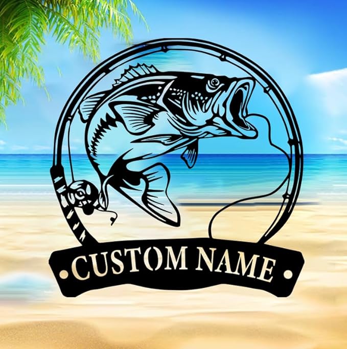 Bass Fishing Custom Metal Sign | 12 Inch Square | Modern Style | Personalized Name | Wall Mount | Home & Outdoor Decor - Bloomnest