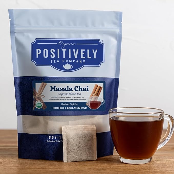 Organic Positively Tea Company, Masala Chai Black Tea Bags, 100 Count, Eco-Friendly Tea Bags, Non-GMO - Bloomnest