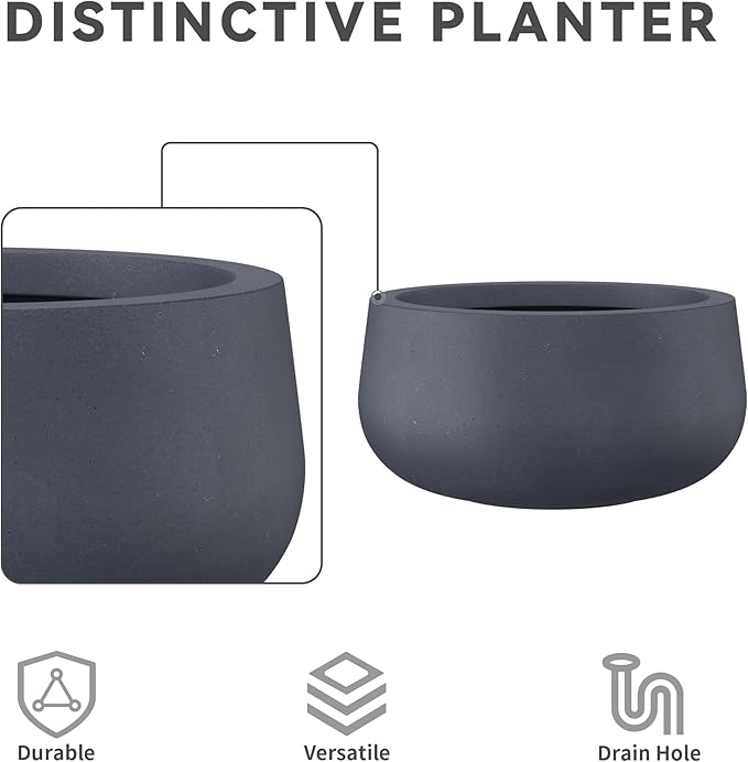 Kante 15.7" Dia Round Concrete Planter, Cement Plant Pots with Drainage Hole and Rubber Plug for Outdoor Indoor Garden Home, Modern Curvaceous Design, Dark Gray - Bloomnest