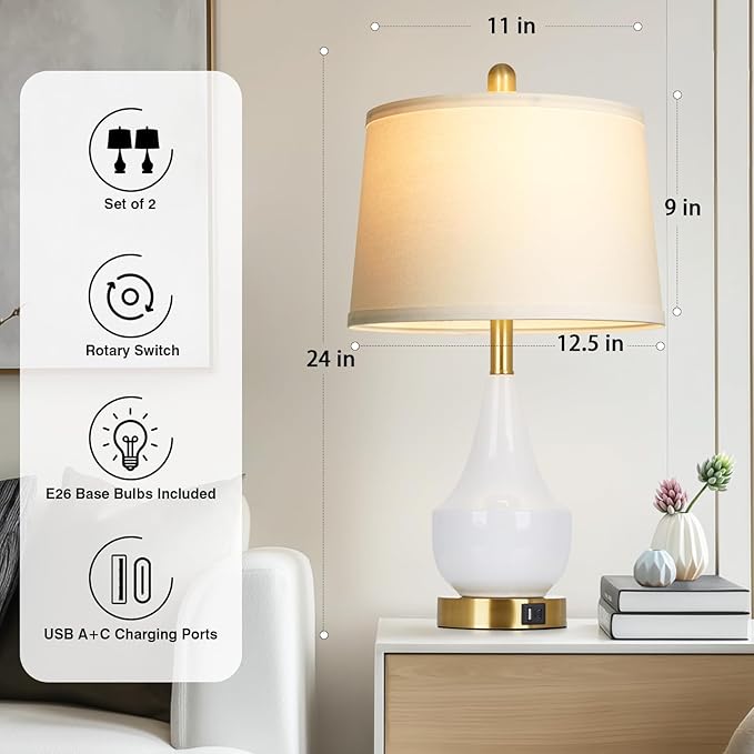 Modern White Table Lamp Set of 2, 24" Ceramic Table Lamp with USB A+C Ports,Classic Beside Lamps Nightstand Lamp Modern Lamp for Living Room, Bedroom & Office -LED Bulbs Included - Bloomnest