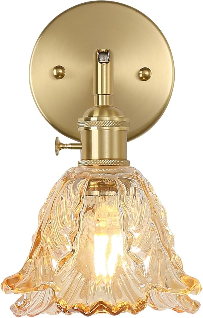 Vintage Wall Sconces, Cabbage Amber Lampshade & 180 Degree Adjustable, Brass Wall Lights, for Bedroom Living Room Hallway Aisle, Bulbs Not Included, ETL Listed - Bloomnest