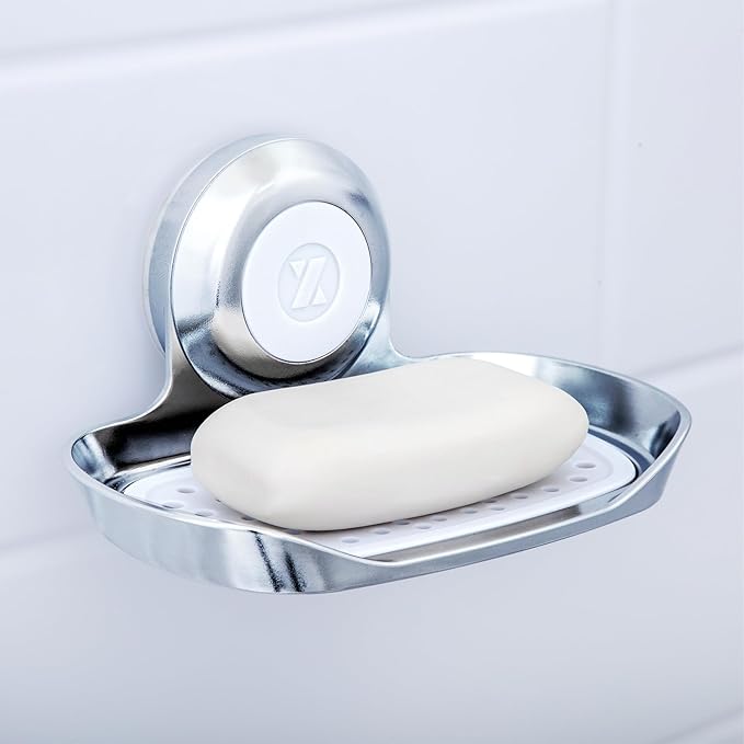 SlipX Solutions Strong Hold Soap Saver, Suction Cup Soap Holder, Must Have Universal Kitchen & Bathroom Shower Accessories (Chrome Finish, Single Tray) - Bloomnest