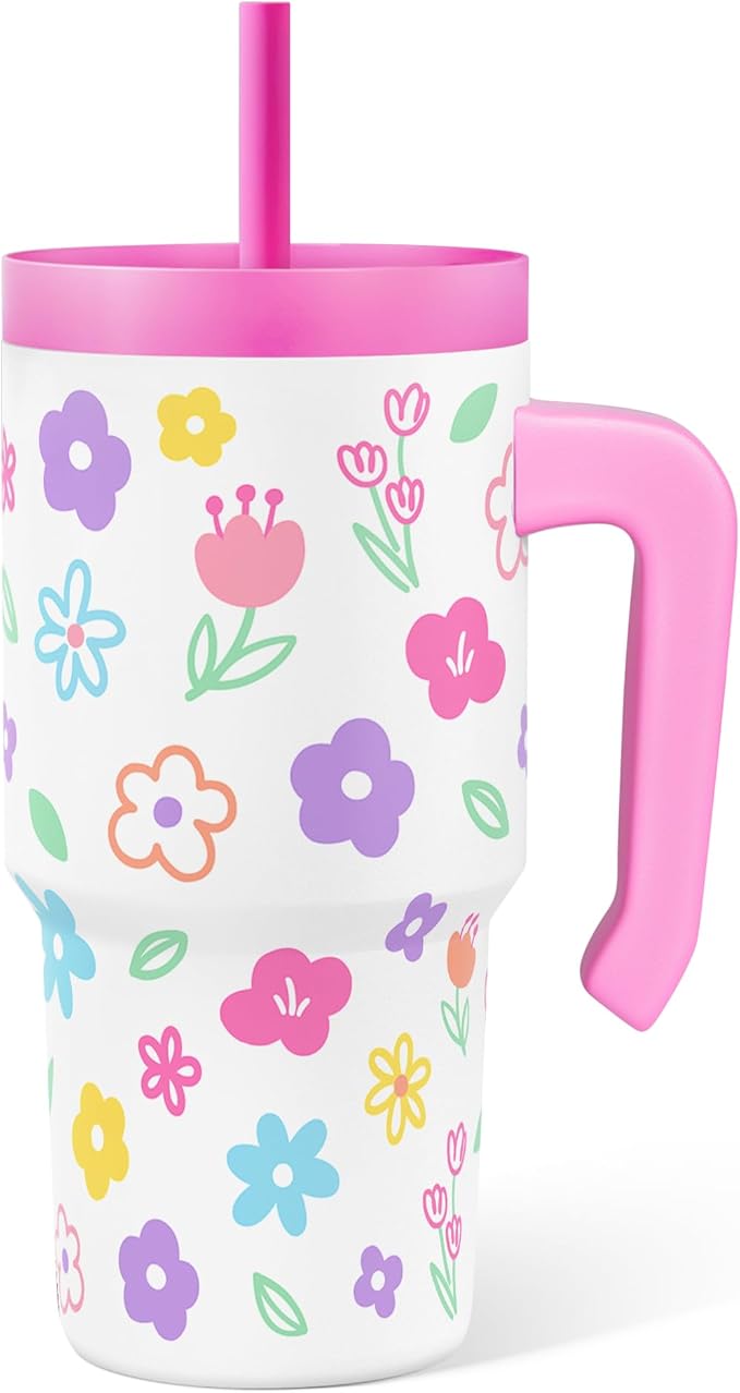 Floral Tumbler 20oz with Handle and Silicone Straw Lid for Kid, Insulated Stainless Steel Cup, Gift for Kids Girls, Gifts Idea for Birthday Christmas Back to School - Bloomnest
