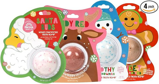 PACHA SOAP Co. Holiday Bath Bomb Card 4 Pack, Variety - Scents of Chamomile, Lavender, Strawberry, & Spice - Moisturizing, Naturally Derived & Handcrafted in The USA - Bloomnest