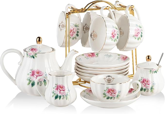 Porcelain Tea Sets British Royal Series, 8 OZ Cups & Saucer Service for 6, with Teapot Sugar Bowl Cream Pitcher Teaspoons and Tea Strainer, Suitable for High Tea, Wedding, Party(Blush Pink) - Bloomnest
