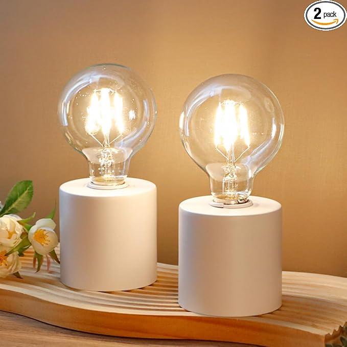 JHY DESIGN Set of 2 White Table Lamp Battery Powered 7" Tall Cordless Lamp Light with Edison Style Bulb Battery Operated Great for Living Room Bedroom Weddings Parties Patio Events