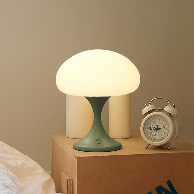 Mushroom Lamp, 5W LED Cordless Rechargeable Table Lamp with Glass Shade, Small Retro Dimmable Touch Light with 3 Color Temps, Aesthetic Mid Century Bedside Light for Bedroom Ambient, Green - Bloomnest