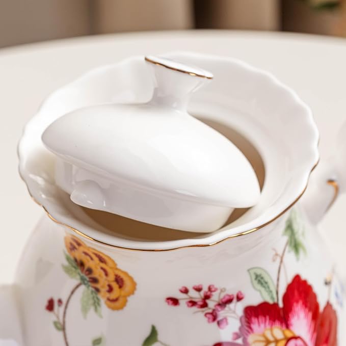 Jomop European Style Ceramic Flower Teapot Coffee Pot Water Pot Porcelain Gift Large 5.5 Cups (1, Blue and Red) - Bloomnest