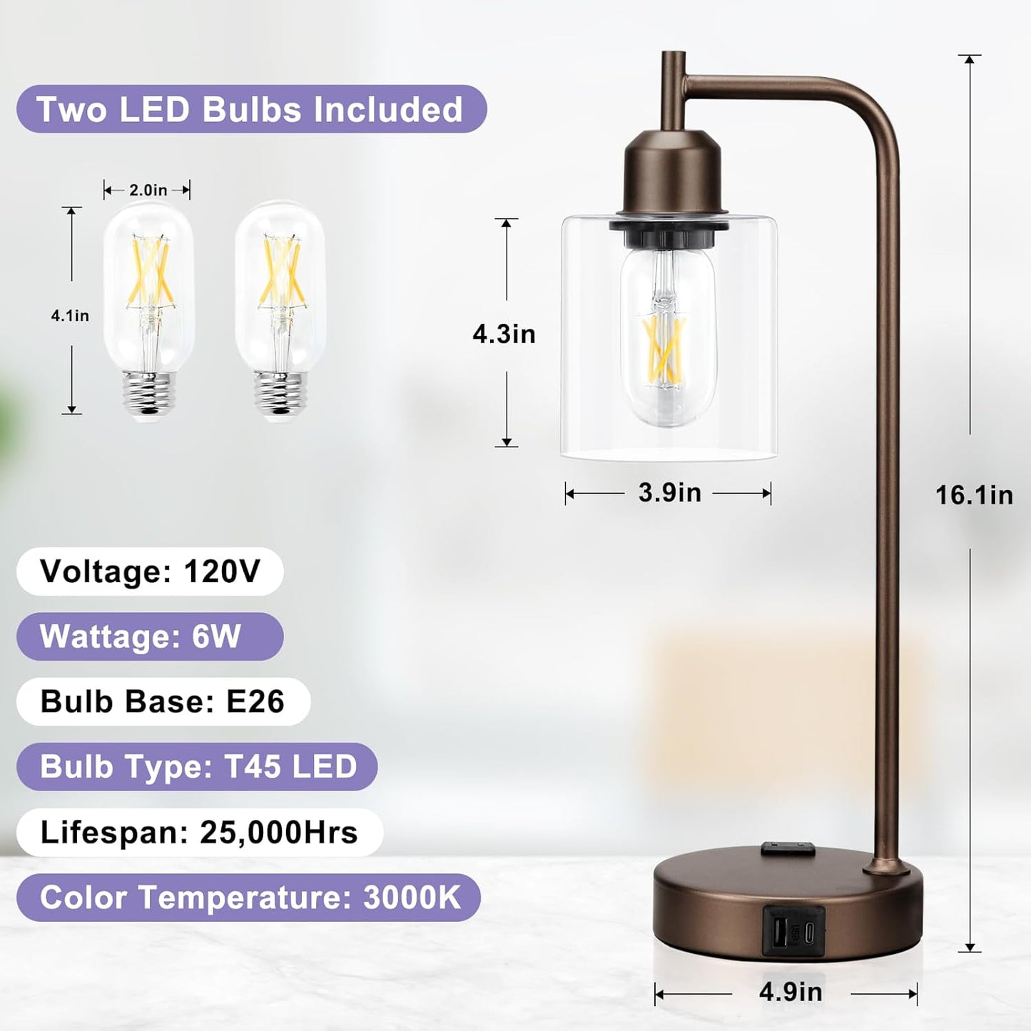 Innqoo Industrial Touch Table Lamps for Bedrooms Set of 2-3-Way Dimmable Lamps with USB C+A Ports and Outlet, Brown Bedside Lamps with Clear Glass Shade for Living Room, Desk Lamps for Home Office