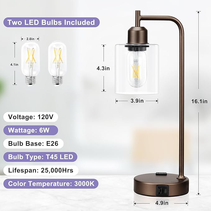 Innqoo Industrial Touch Table Lamps for Bedrooms Set of 2-3-Way Dimmable Lamps with USB C+A Ports and Outlet, Brown Bedside Lamps with Clear Glass Shade for Living Room, Desk Lamps for Home Office - Bloomnest