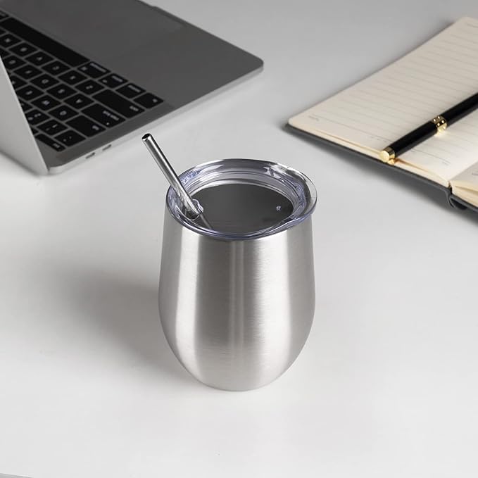 12 oz Insulated Wine Tumbler with Lid and Straw,Stainless Steel Stemless Wine Tumbler Glasses Double Wall Vacuum Wine Cups Tumbler Bulk for Coffee,Champaign,Office(Silver,8) - Bloomnest