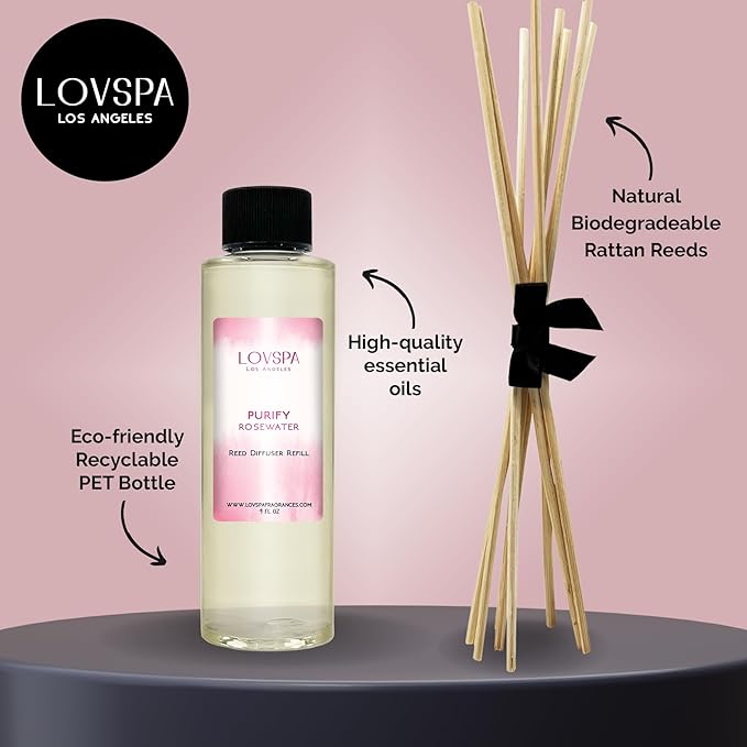 LOVSPA PURIFY Rosewater Diffuser Oil - Luxury Essential Oils for Diffuser Refill & Air Freshener Room Spray - Long-Lasting & Natural Home Fragrance, Scented Oil for Diffusers, USA Made, 4oz - Bloomnest
