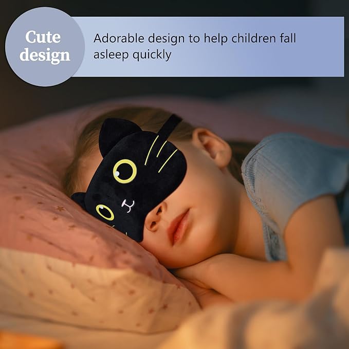 Cute Sleep Masks Cartoon Animal Cat Eye Mask Plush Sleeping Mask & Travel Blindfold - Funny Kitten Eye Shade for Kids, Girls & Adults (Black Cat-2) - Bloomnest