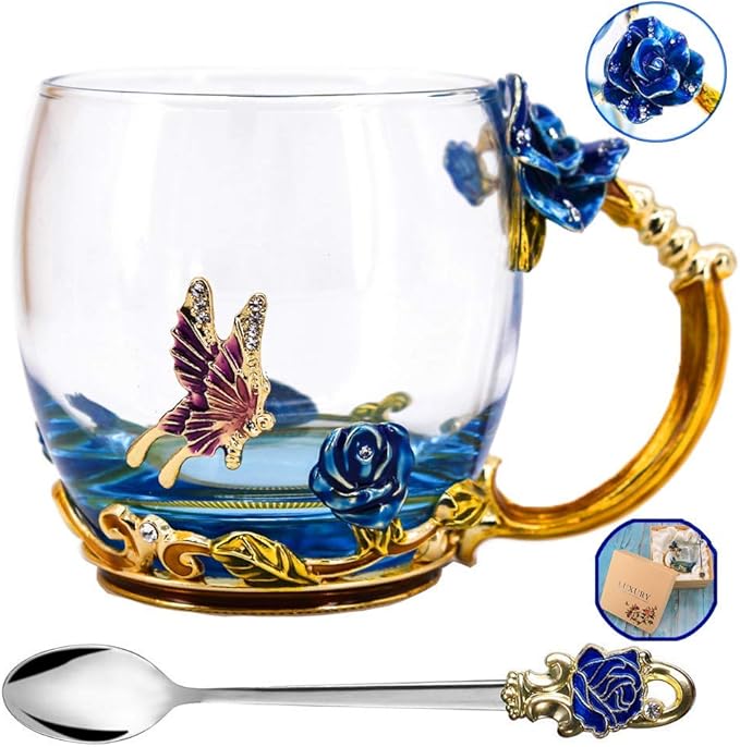 Luka Tech Enamels Butterfly flower Lead-free Glass Coffee Mugs Tea Cup with Steel Spoon, personalised Gifts For Women Wife Mom Friends Birthday Mothers Valentines Day Wedding (Blue) - Bloomnest
