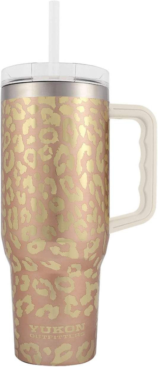 Yukon Outfitters Fit Forty 40oz Double Wall Vacuum Insulated Stainless Steel Tumbler with Reusable Straw & Ergonomic Handle | For Hot or Cold Beverage, Gold Leopard
