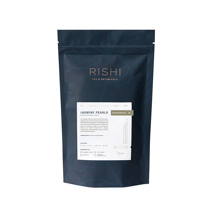 Rishi Tea Jasmine Pearls Green Tea - Caffeinated Loose Leaf, Hand-Rolled with Floral Aroma & Taste - 8.81 Ounces, 22+ Servings - Bloomnest