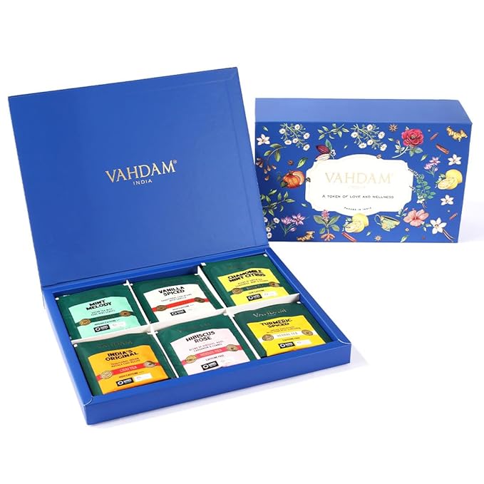 VAHDAM Assorted Tea Gift Set (6 Variety, 30 tea Bags) | Ecofriendly Tea Bags | Christmas Tea Gifts for Women & Men - Bloomnest
