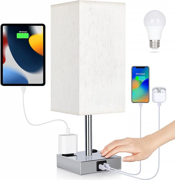 Bedside Lamp with USB Ports - Touch Control Table Lamp for Bedroom with USB C+A Charging Ports & AC Outlets, 3 Way Dimmable Nightstand Light for Living Room (LED Bulb Included, Chrome - Flaxen) - Bloomnest
