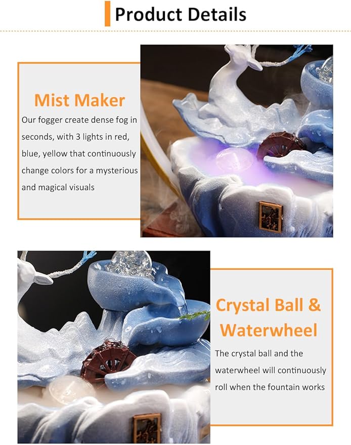 Deer Tabletop Water Fountain with LED Light Mist, Home Decor Includes Backflow Incense,Japanese Water Fountains for Meditation,Indoor Zen Decor for Office,Living Room or Bedroom (Blue)