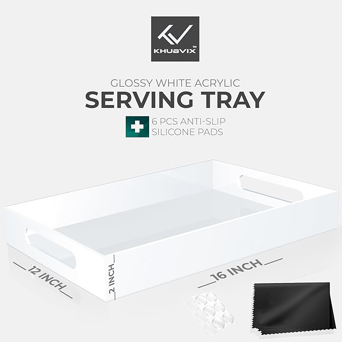 White Tray 16×12" with Cut Handles - Spill Proof Decorative Tray is an Ideal Countertop Organizer for Living Rooms, Ottoman Coffee Tables, Offices, Kitchens & Serving Guests - Bloomnest