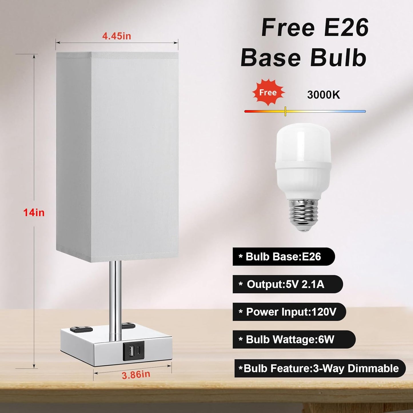 Touch Bedside Table Lamp Set of 2-3-Way Dimmable Night Lamp with USB A + Type C Charging Ports and Two AC Outlets, Small Desk Light with E26 LED Bulb for Bedroom Living Room Dorm Office