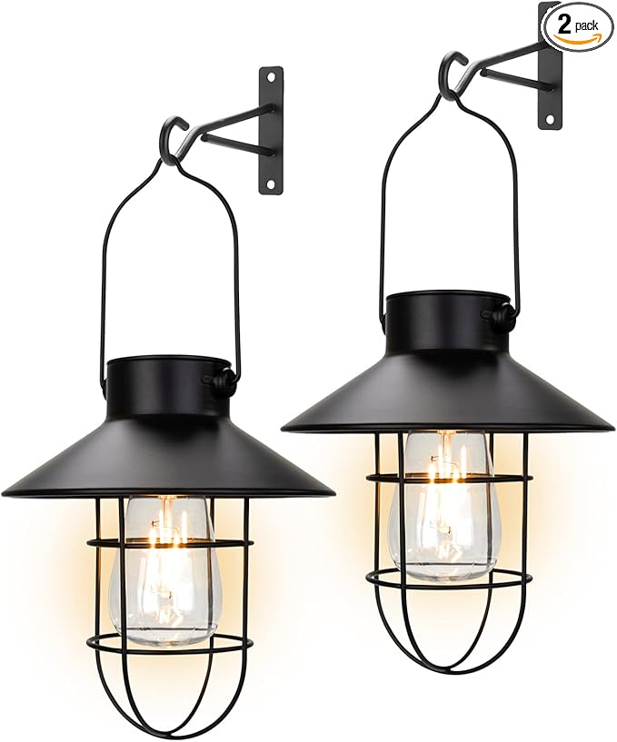pearlstar Solar Lantern Outdoor 2 Packs Hanging Light Metal Solar Lamp with Warm White Edison Bulb Design for Garden Yard Patio Proch Decor(Black) - Bloomnest